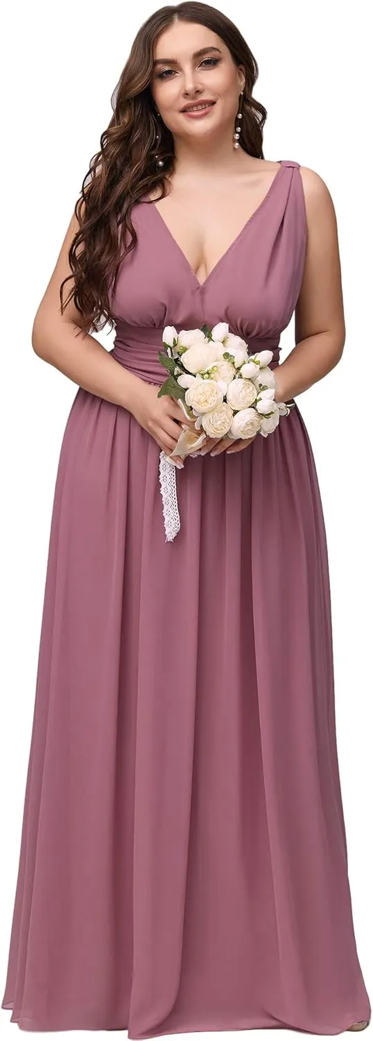 Ever-Pretty V Neck Sleeveless Pleated Chiffon Maxi Plus Size Formal Dresses for Women Bridesmaid Dresses 09016-DA