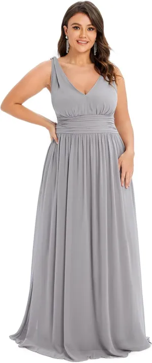 Ever-Pretty V Neck Sleeveless Pleated Chiffon Maxi Plus Size Formal Dresses for Women Bridesmaid Dresses 09016-DA