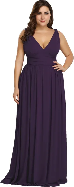 Ever-Pretty V Neck Sleeveless Pleated Chiffon Maxi Plus Size Formal Dresses for Women Bridesmaid Dresses 09016-DA