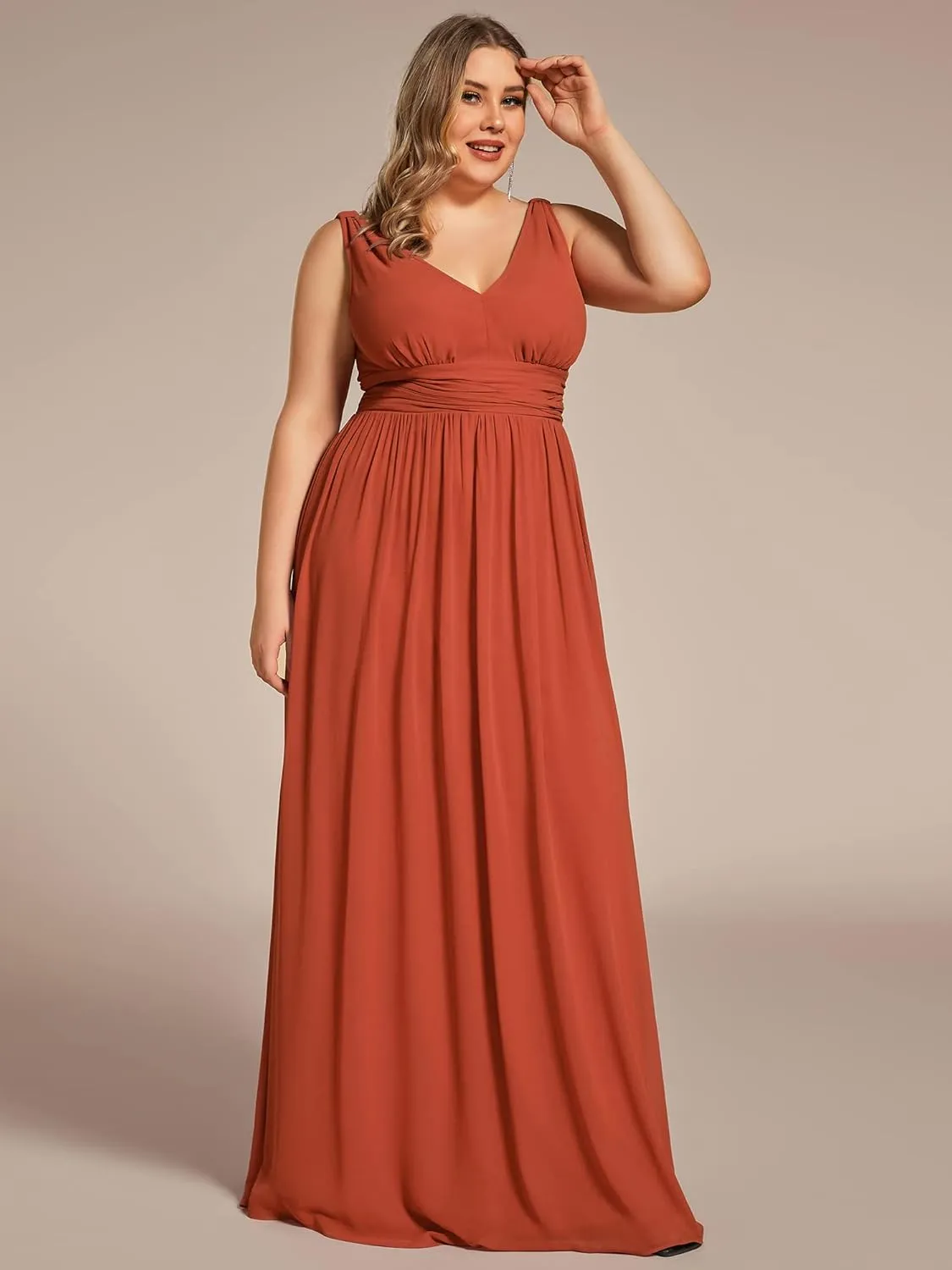 Ever-Pretty V Neck Sleeveless Pleated Chiffon Maxi Plus Size Formal Dresses for Women Bridesmaid Dresses 09016-DA