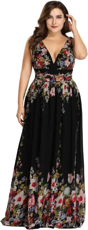 Ever-Pretty V Neck Sleeveless Pleated Chiffon Maxi Plus Size Formal Dresses for Women Bridesmaid Dresses 09016-DA