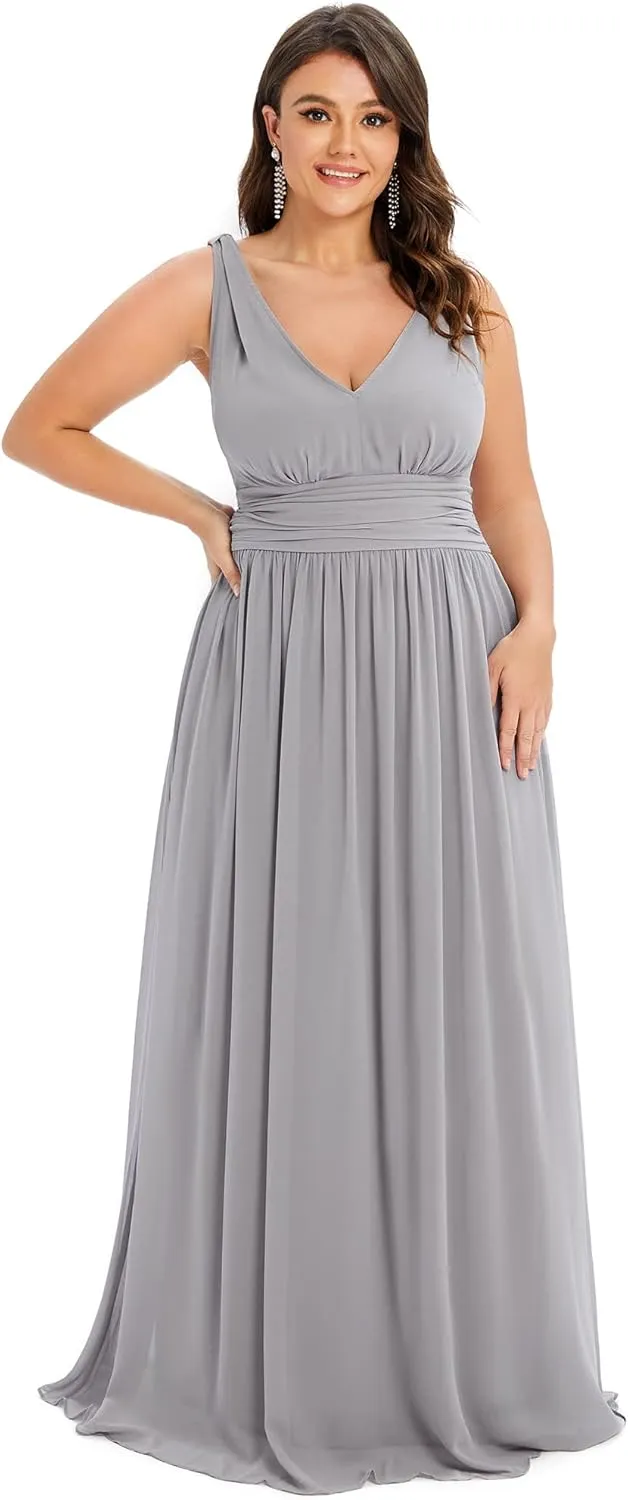 Ever-Pretty V Neck Sleeveless Pleated Chiffon Maxi Plus Size Formal Dresses for Women Bridesmaid Dresses 09016-DA