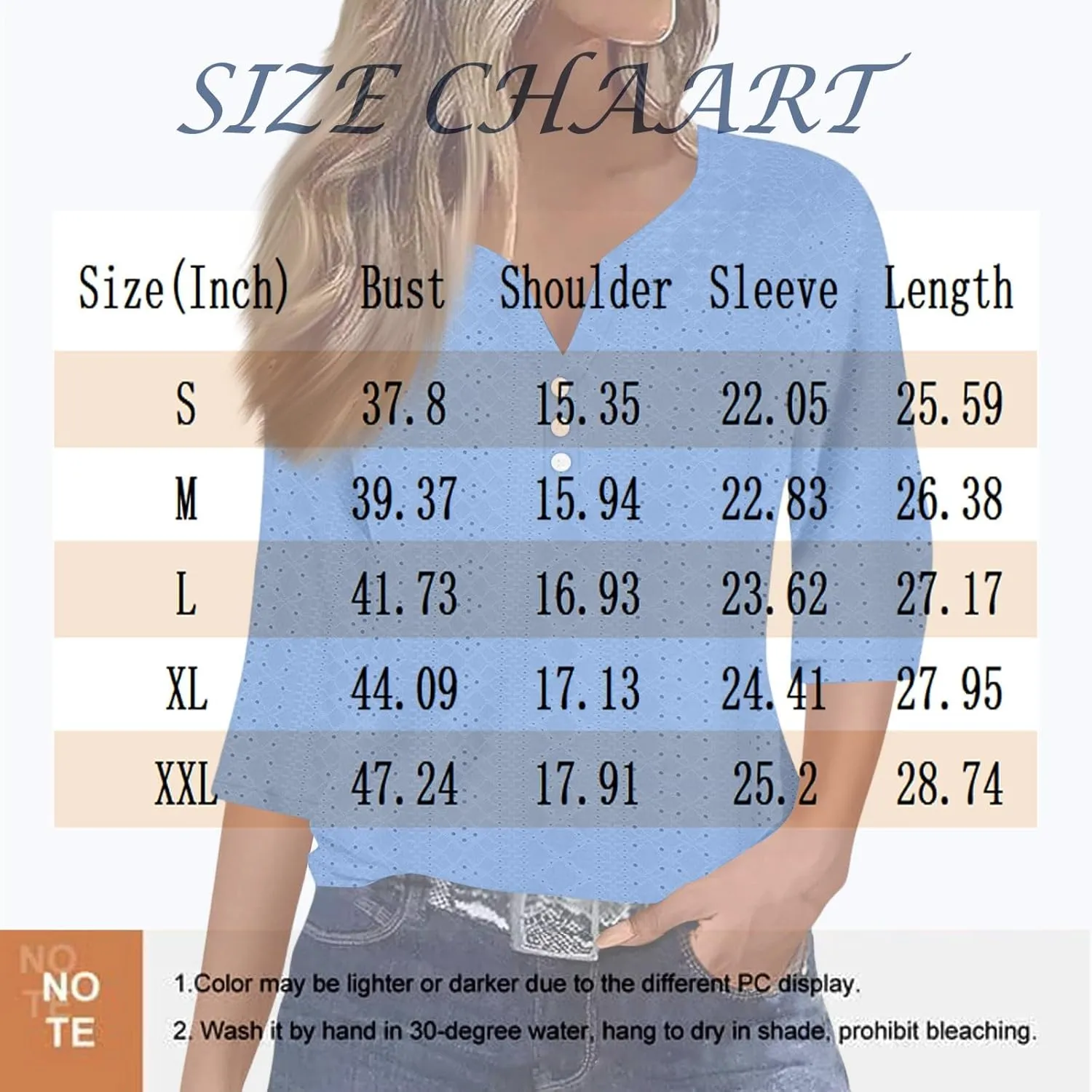 Eyelet Tops for Women 3/4 Sleeve Henley Notched Vneck Tshirts Shirts Dressy Casual Three Quarter Length Blouses