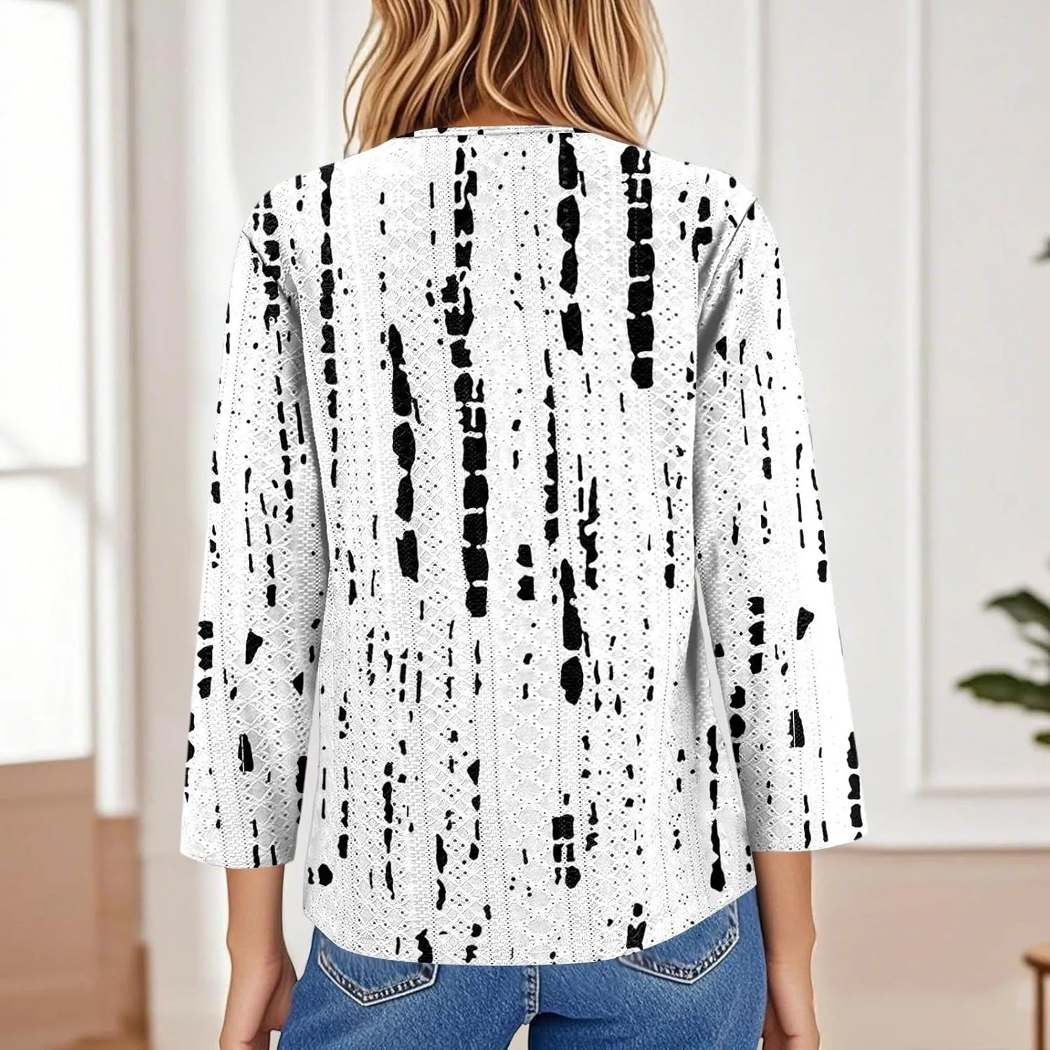 Eyelet Tops for Women 3/4 Sleeve Henley Notched Vneck Tshirts Shirts Dressy Casual Three Quarter Length Blouses