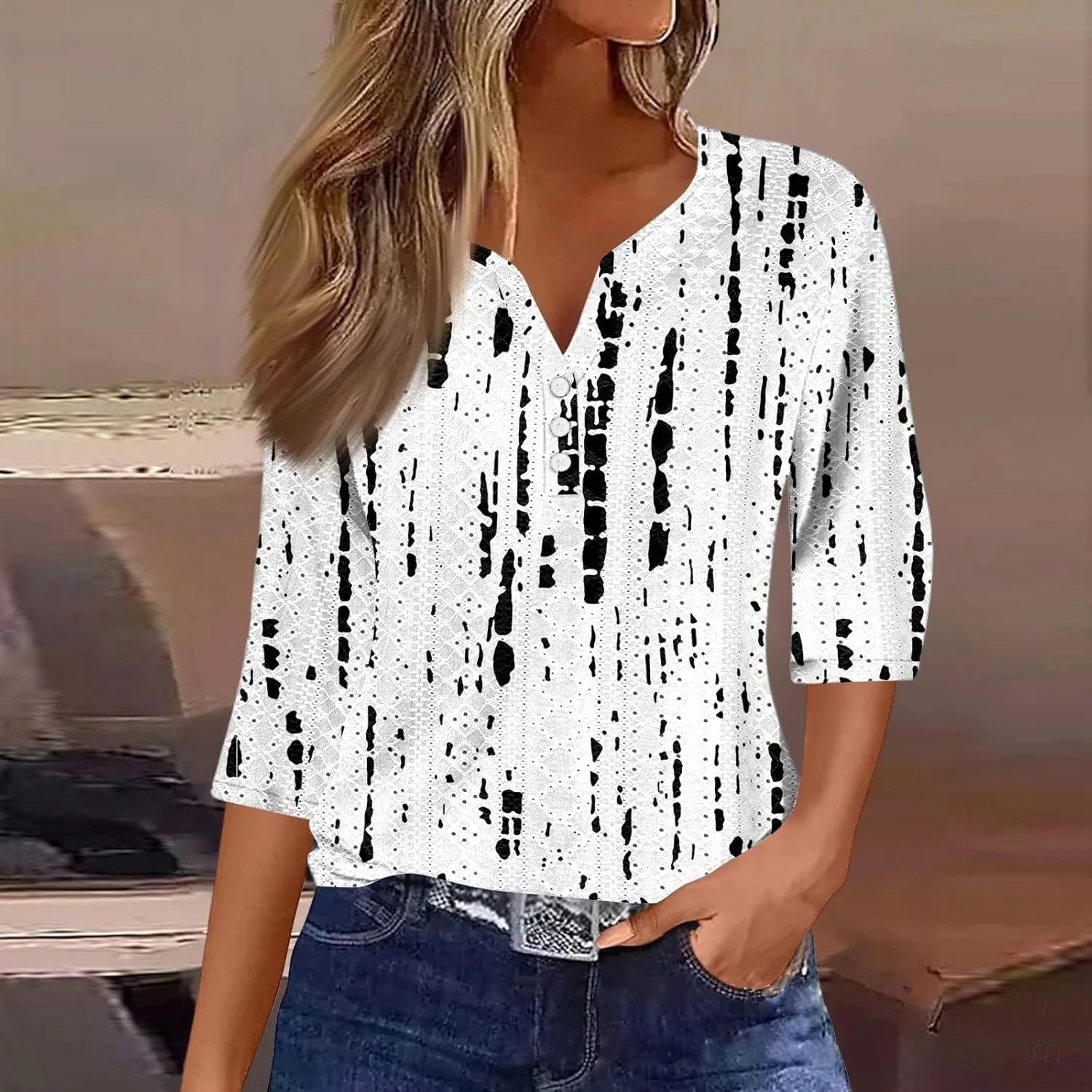 Eyelet Tops for Women 3/4 Sleeve Henley Notched Vneck Tshirts Shirts Dressy Casual Three Quarter Length Blouses