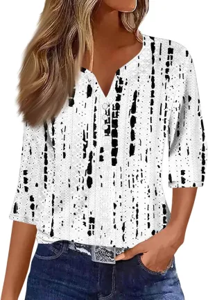 Eyelet Tops for Women 3/4 Sleeve Henley Notched Vneck Tshirts Shirts Dressy Casual Three Quarter Length Blouses