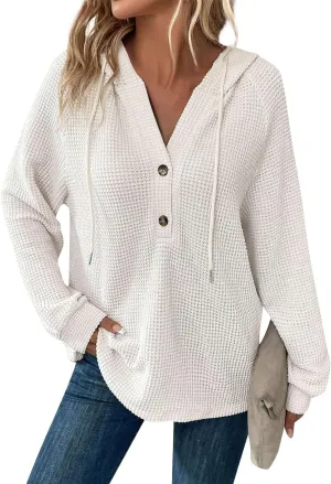 Fall Clothes Women Waffle Knit Button Hoodie Y2K Drawstring Collar Sweatshirt Plus Office Winter Blouses Long Sleeve