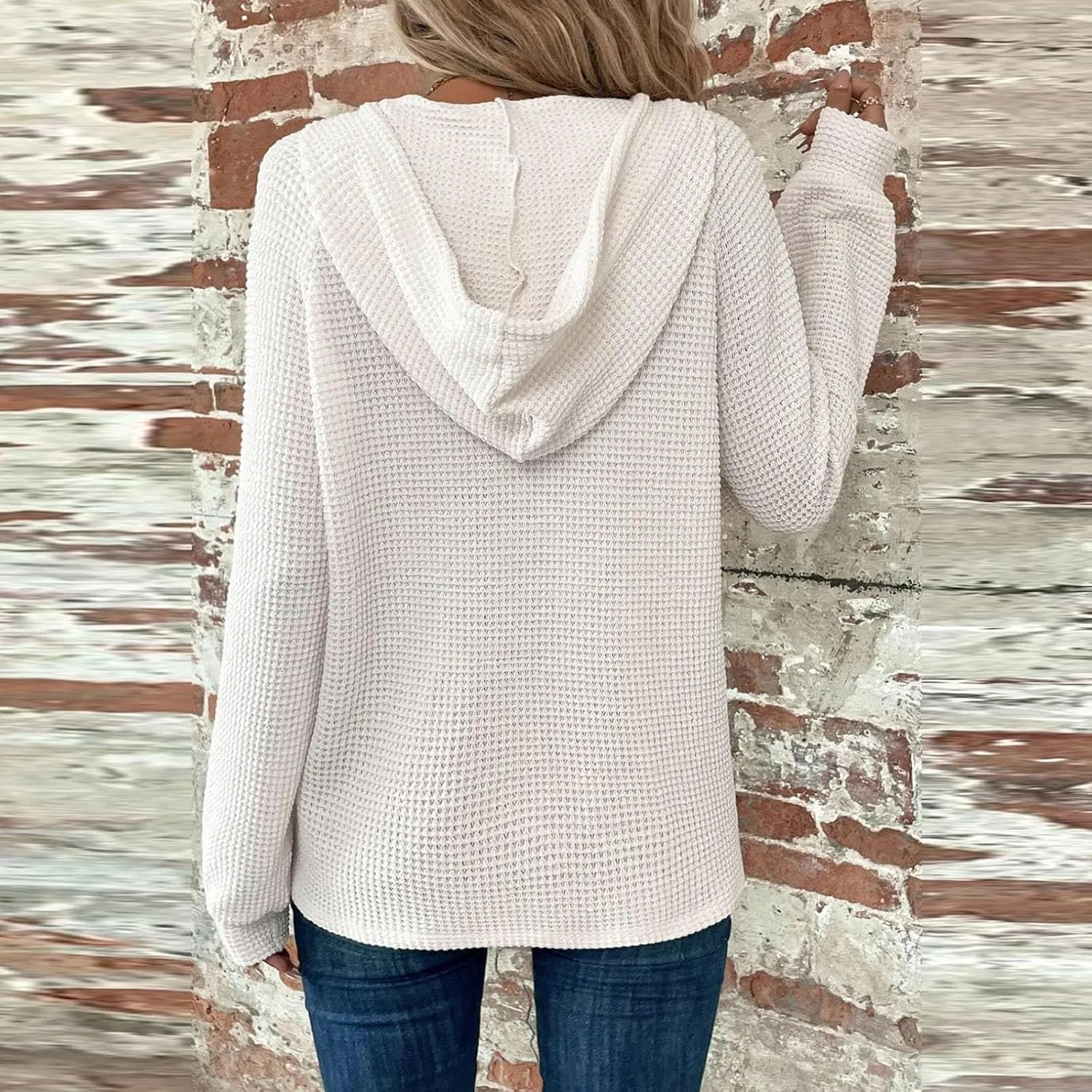 Fall Clothes Women Waffle Knit Button Hoodie Y2K Drawstring Collar Sweatshirt Plus Office Winter Blouses Long Sleeve