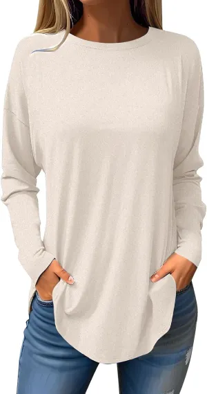 Fall Outfits for Women Solid Long Sleeve Outfits Round Neck Hide Belly Pullover Tops Casual Loose T Shirt