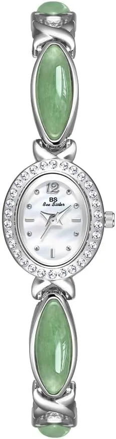 FANMIS Vintage Updated Golden Wristwatch Women Bangle-Style Dress Diamond Oval Watch Ladies Elegant Jade Bracelet Watch Minimalist Design with Stainless Steel Band