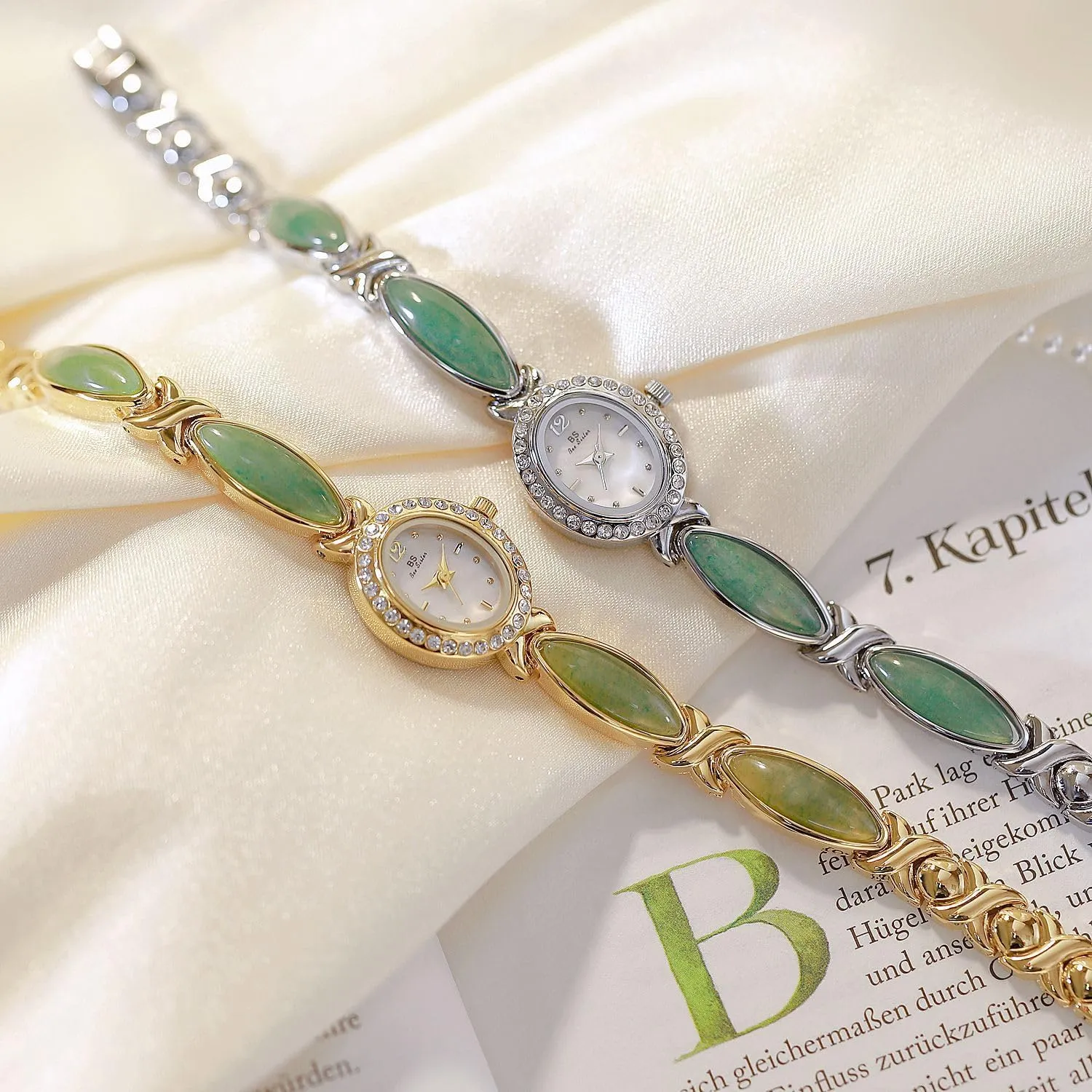 FANMIS Vintage Updated Golden Wristwatch Women Bangle-Style Dress Diamond Oval Watch Ladies Elegant Jade Bracelet Watch Minimalist Design with Stainless Steel Band