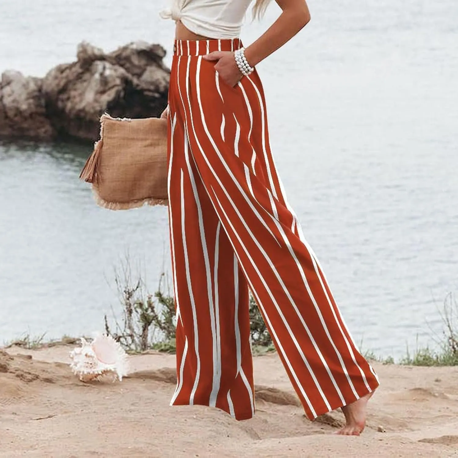 fanmpghleoo Striped Linen Pants Women Elastic Waist Wide Leg Lounge Pants with Pockets Casual Trendy Linen Palazzo Pants