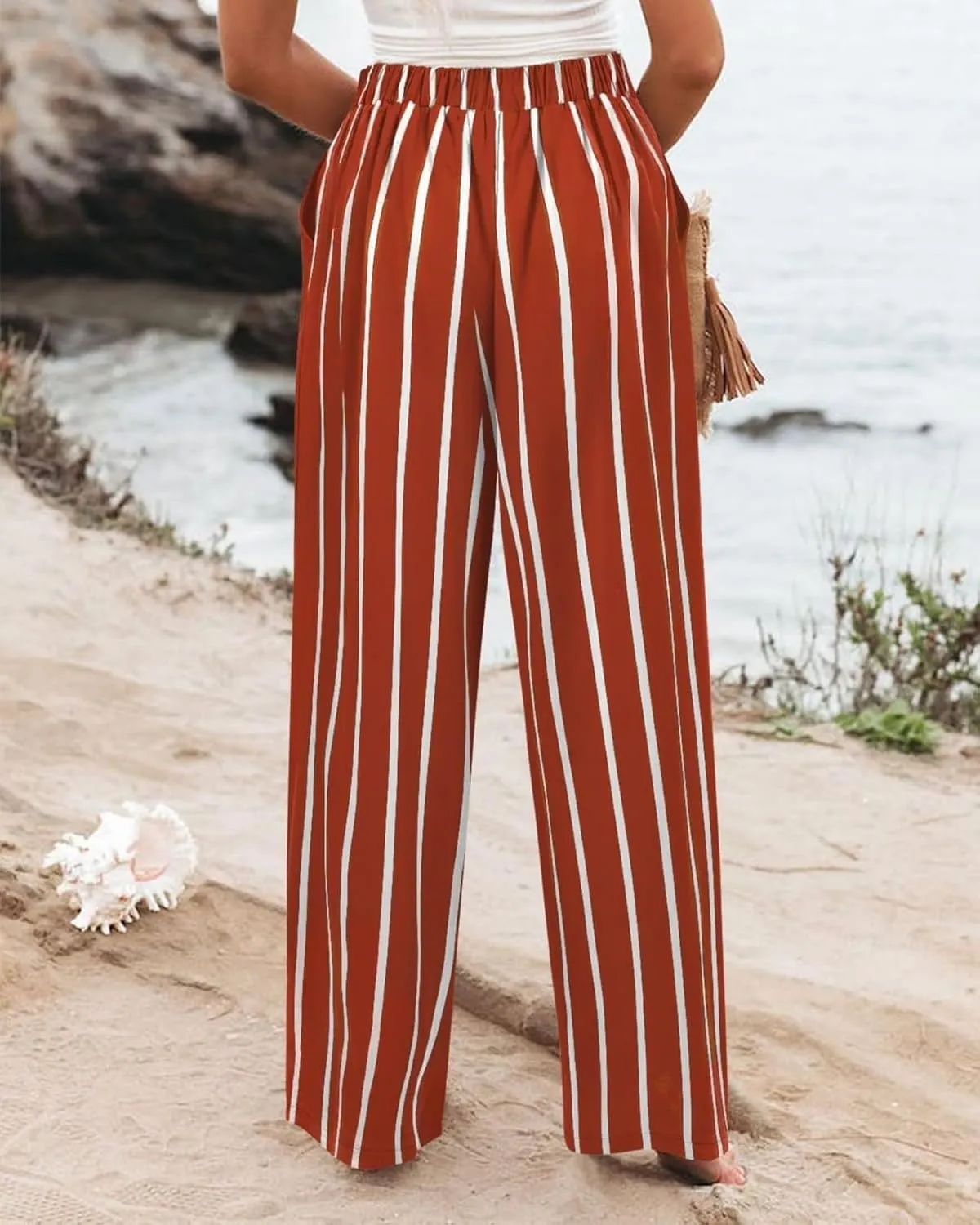 fanmpghleoo Striped Linen Pants Women Elastic Waist Wide Leg Lounge Pants with Pockets Casual Trendy Linen Palazzo Pants