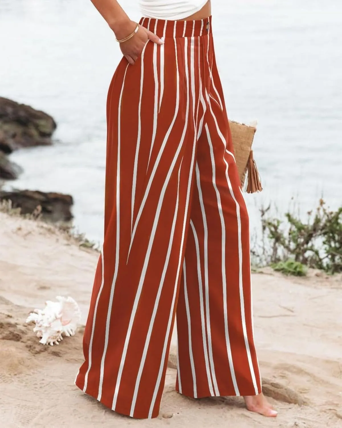 fanmpghleoo Striped Linen Pants Women Elastic Waist Wide Leg Lounge Pants with Pockets Casual Trendy Linen Palazzo Pants