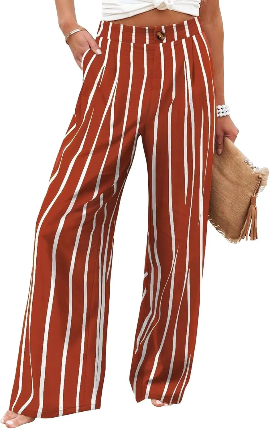 fanmpghleoo Striped Linen Pants Women Elastic Waist Wide Leg Lounge Pants with Pockets Casual Trendy Linen Palazzo Pants