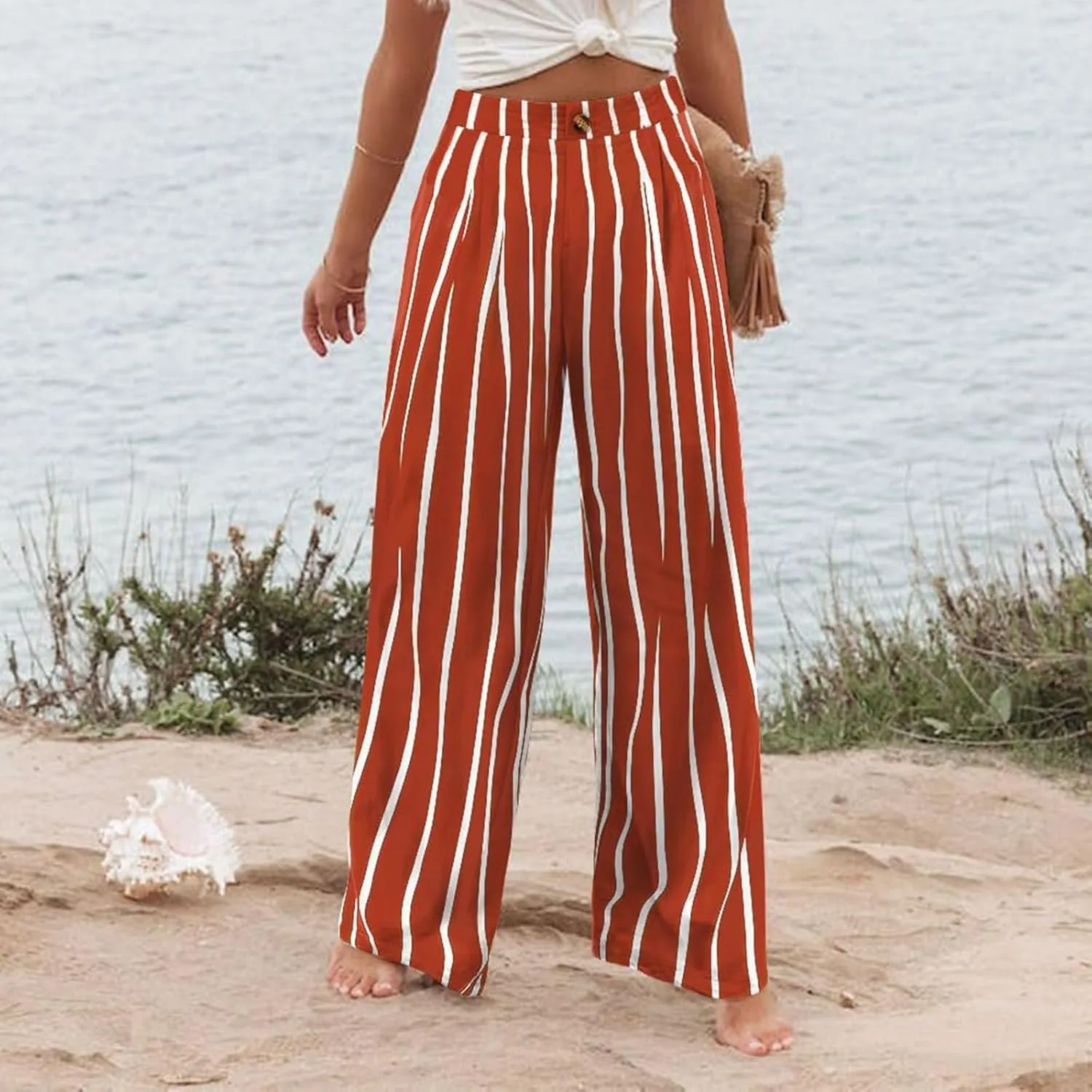 fanmpghleoo Striped Linen Pants Women Elastic Waist Wide Leg Lounge Pants with Pockets Casual Trendy Linen Palazzo Pants