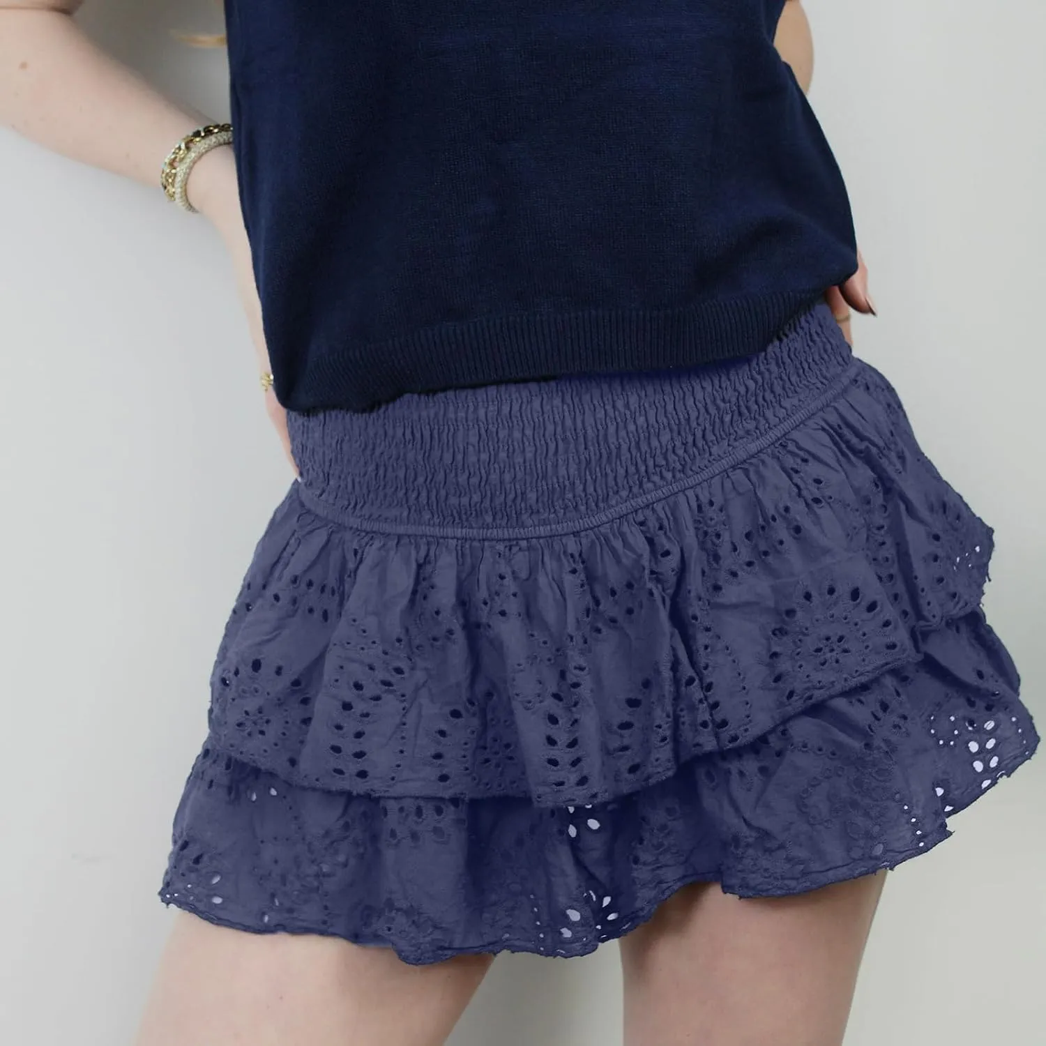 Faretumiya Women Y2k Layered Ruffle Mini Skirt High Waist Smocked Flowy Pleated Tiered A Line Boho Short Going Out Skirt