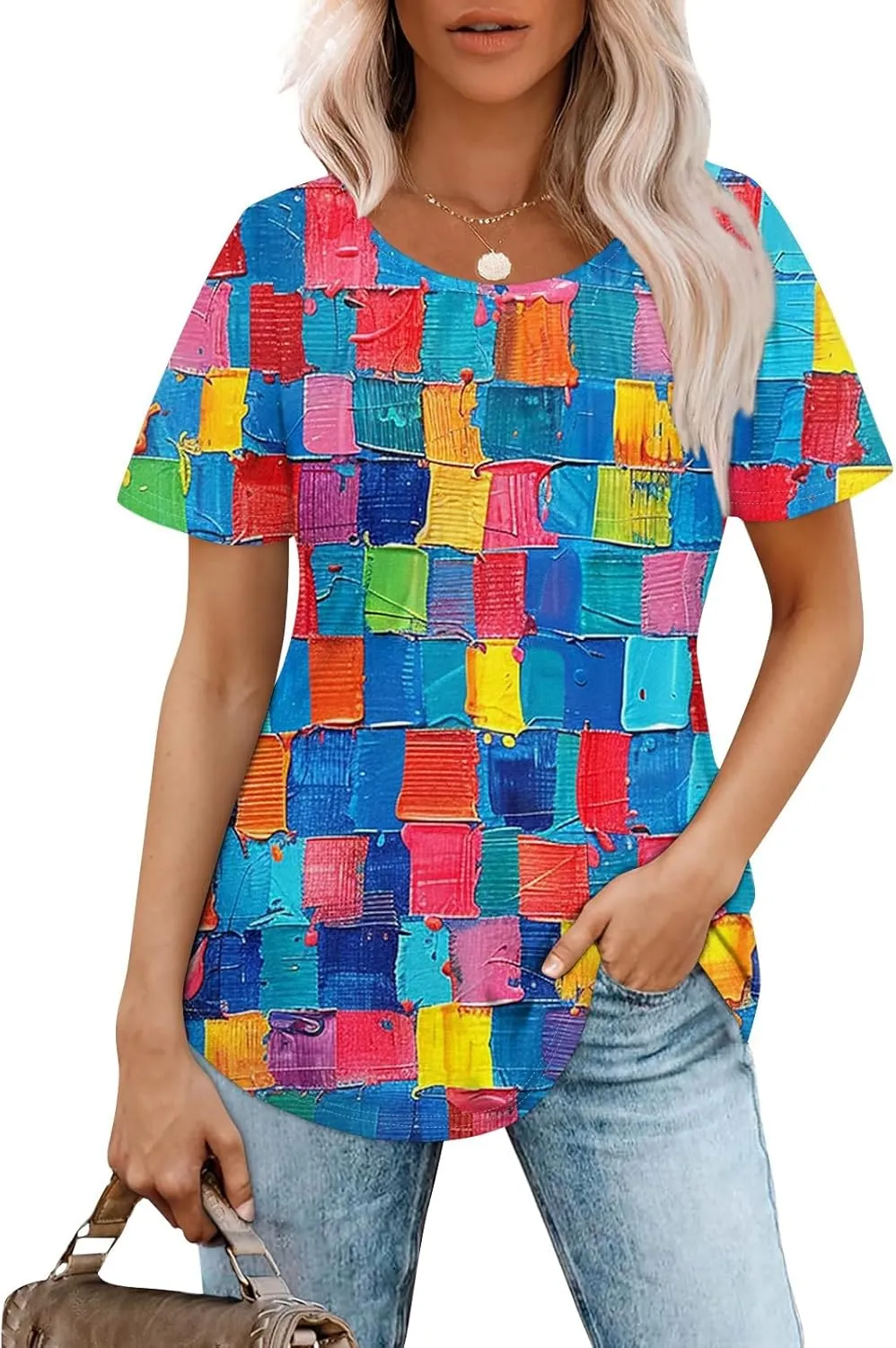 Fashion Womens Tops Dressy Tee Shirts Short Sleeve Pleated Dressy Casual Scoop Neck Summer Tops Blouses