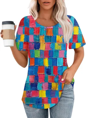 Fashion Womens Tops Dressy Tee Shirts Short Sleeve Pleated Dressy Casual Scoop Neck Summer Tops Blouses
