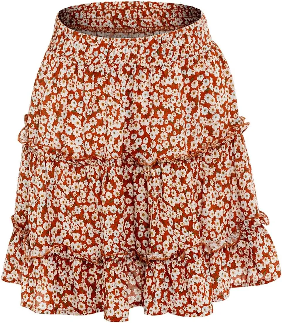 Femiserah Women's Floral Tiered Ruffle Mini Skirt High Waist Boho Pleated Layered Short Skirts