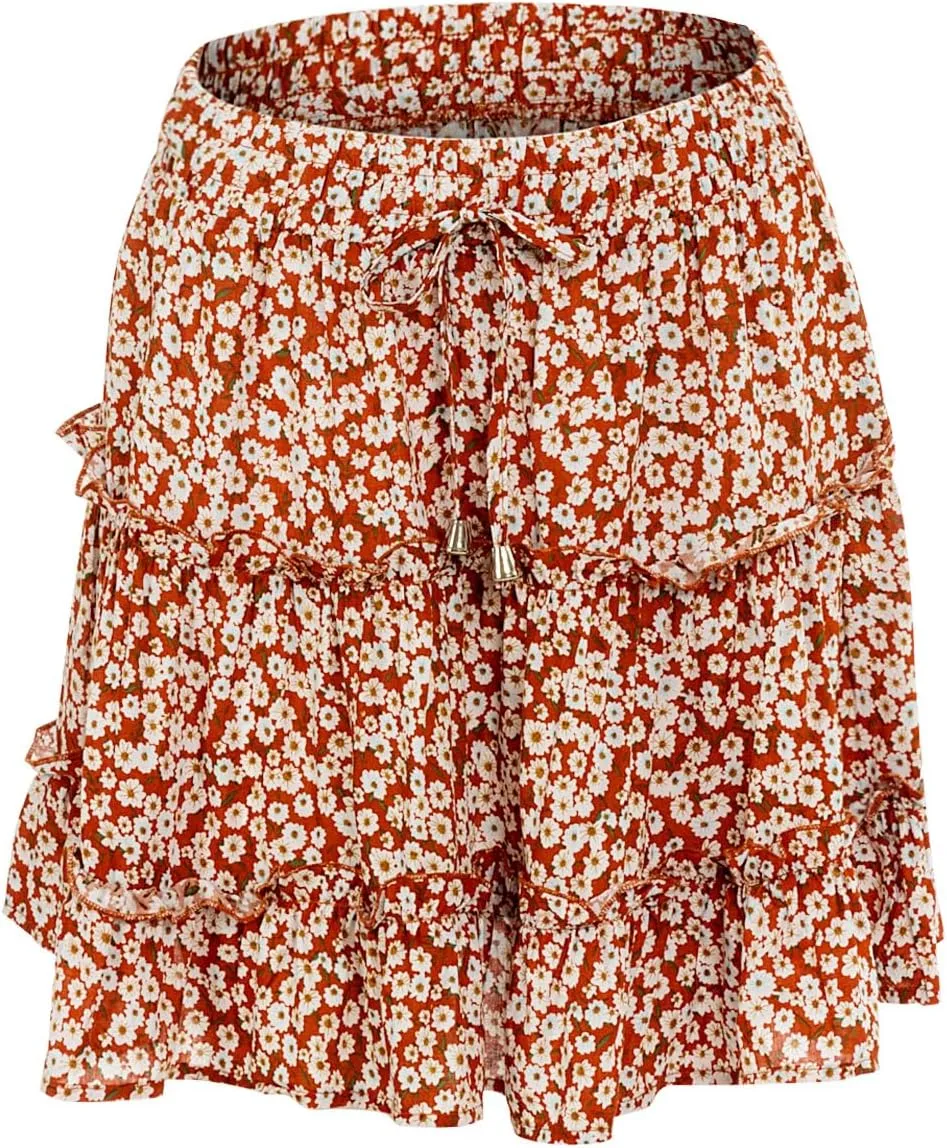 Femiserah Women's Floral Tiered Ruffle Mini Skirt High Waist Boho Pleated Layered Short Skirts