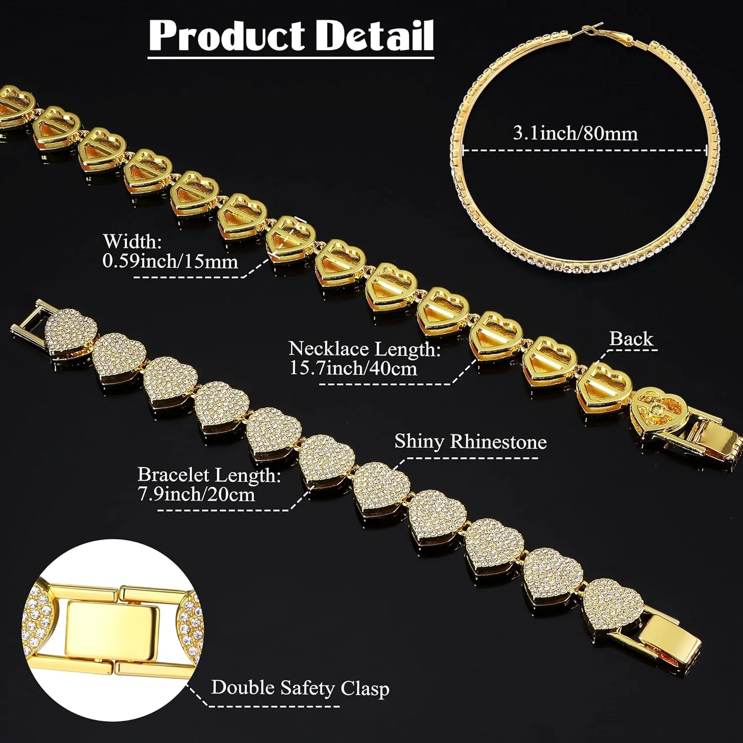 FINREZIO Cuban Link Chain Set for Women Silver Gold Thick Cuban Chain Necklace Bracelet Rhinestone Earrings Bling Clustered Heart Round Cuban Link Necklace Bracelet Hip Hop Jewelry