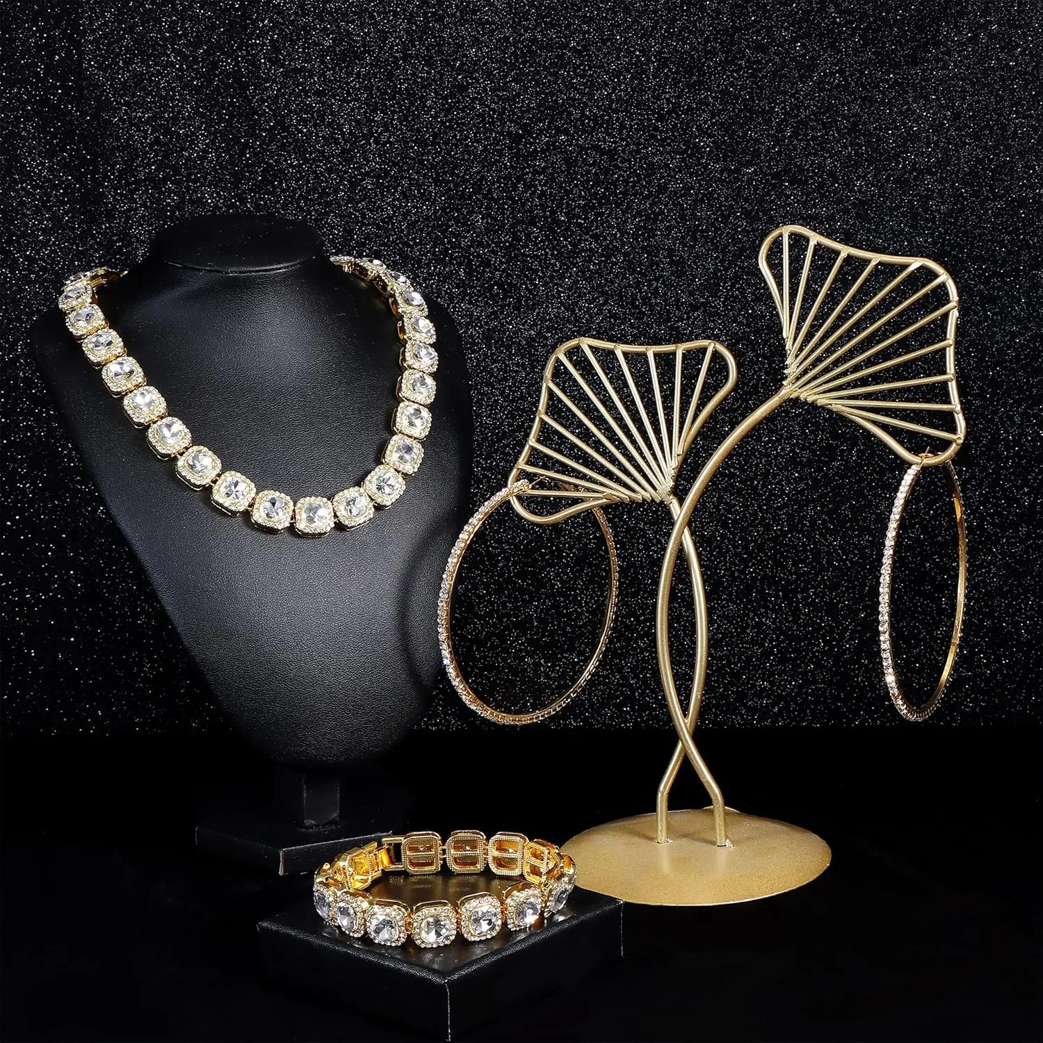 FINREZIO Cuban Link Chain Set for Women Silver Gold Thick Cuban Chain Necklace Bracelet Rhinestone Earrings Bling Clustered Heart Round Cuban Link Necklace Bracelet Hip Hop Jewelry