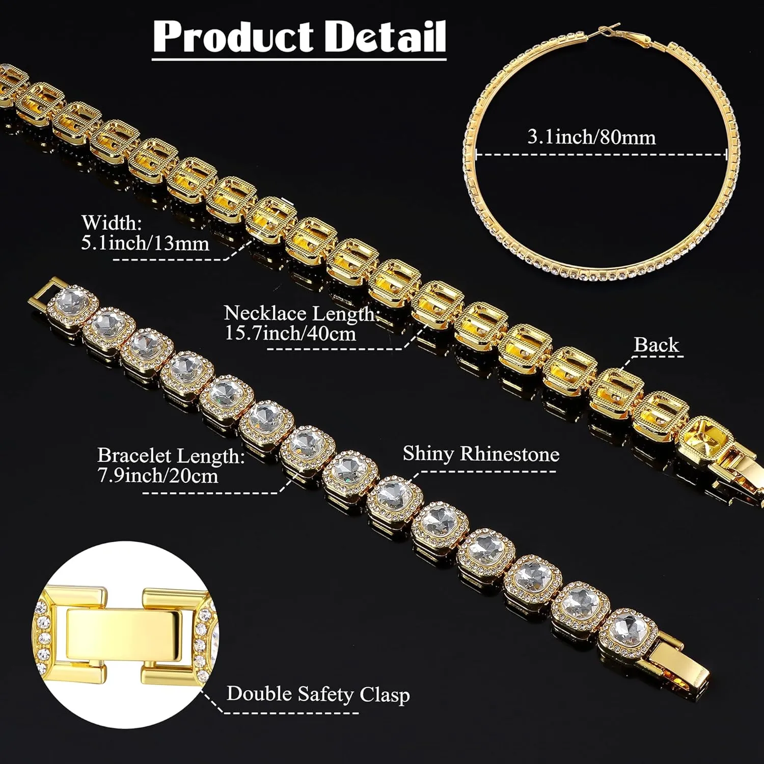 FINREZIO Cuban Link Chain Set for Women Silver Gold Thick Cuban Chain Necklace Bracelet Rhinestone Earrings Bling Clustered Heart Round Cuban Link Necklace Bracelet Hip Hop Jewelry