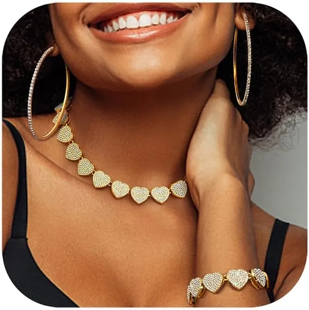 FINREZIO Cuban Link Chain Set for Women Silver Gold Thick Cuban Chain Necklace Bracelet Rhinestone Earrings Bling Clustered Heart Round Cuban Link Necklace Bracelet Hip Hop Jewelry