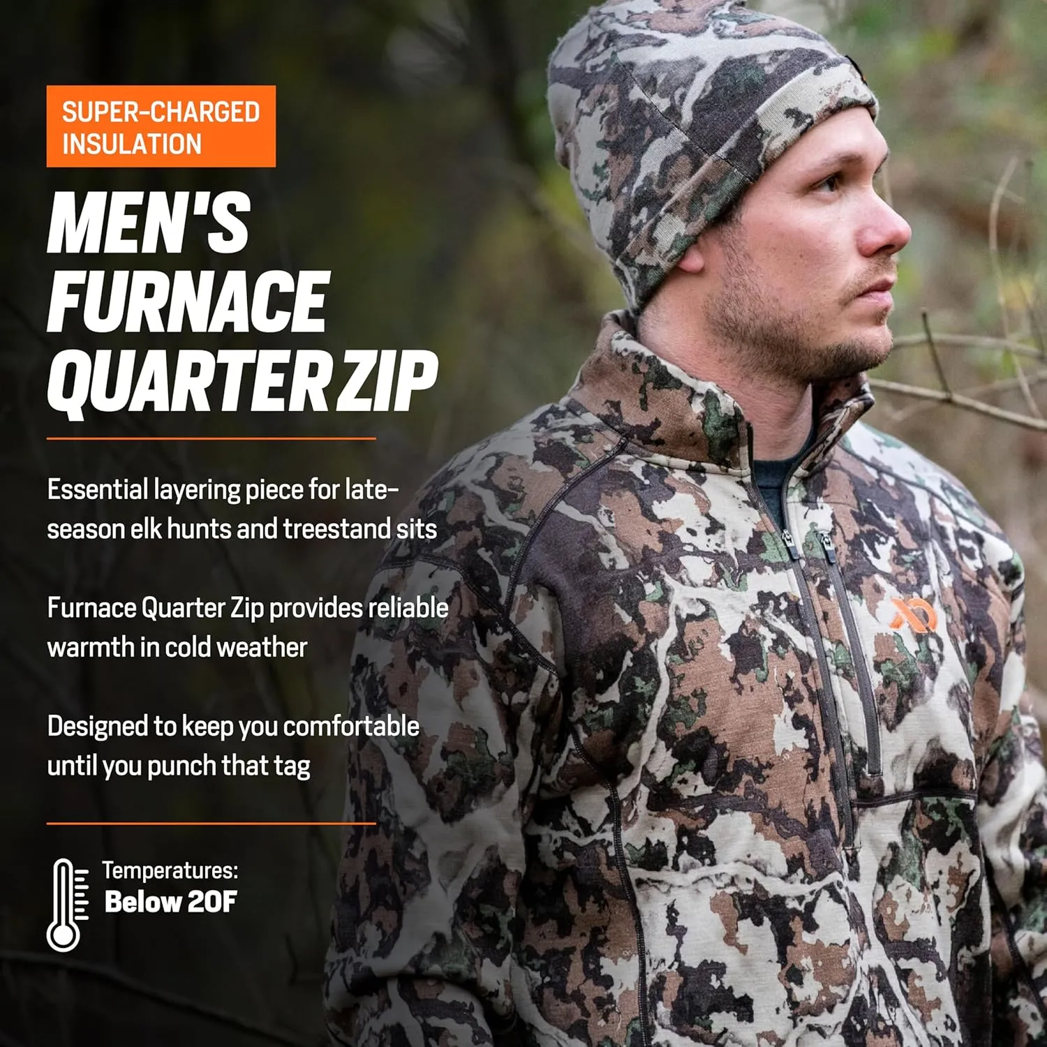 First Lite Men's Furnace Quarter Zip - Merino Wool Fleece Camo Hunting Long Sleeve, Insulated Midlayer, Hunting Gear For Men