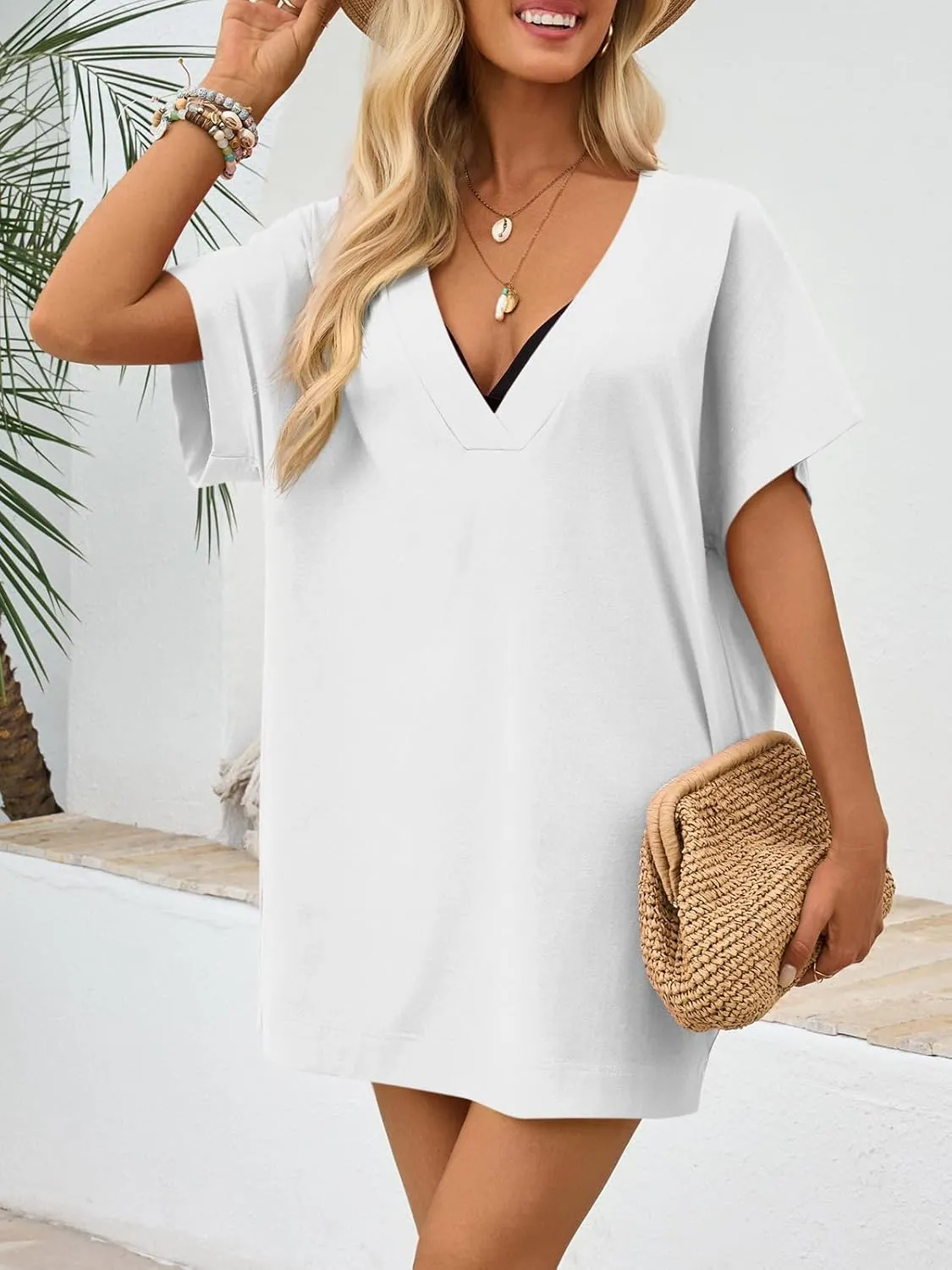 Fisoew Womens Swimsuit Coverup Beach Sexy Deep V Neck Short Sleeve Mini Tshirt Dress Summer Bathing Suit Cover Up