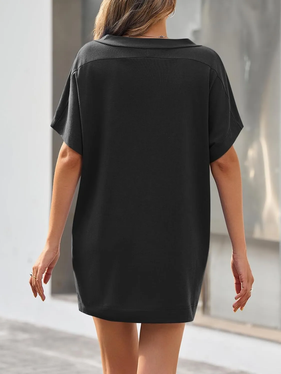 Fisoew Womens Swimsuit Coverup Beach Sexy Deep V Neck Short Sleeve Mini Tshirt Dress Summer Bathing Suit Cover Up