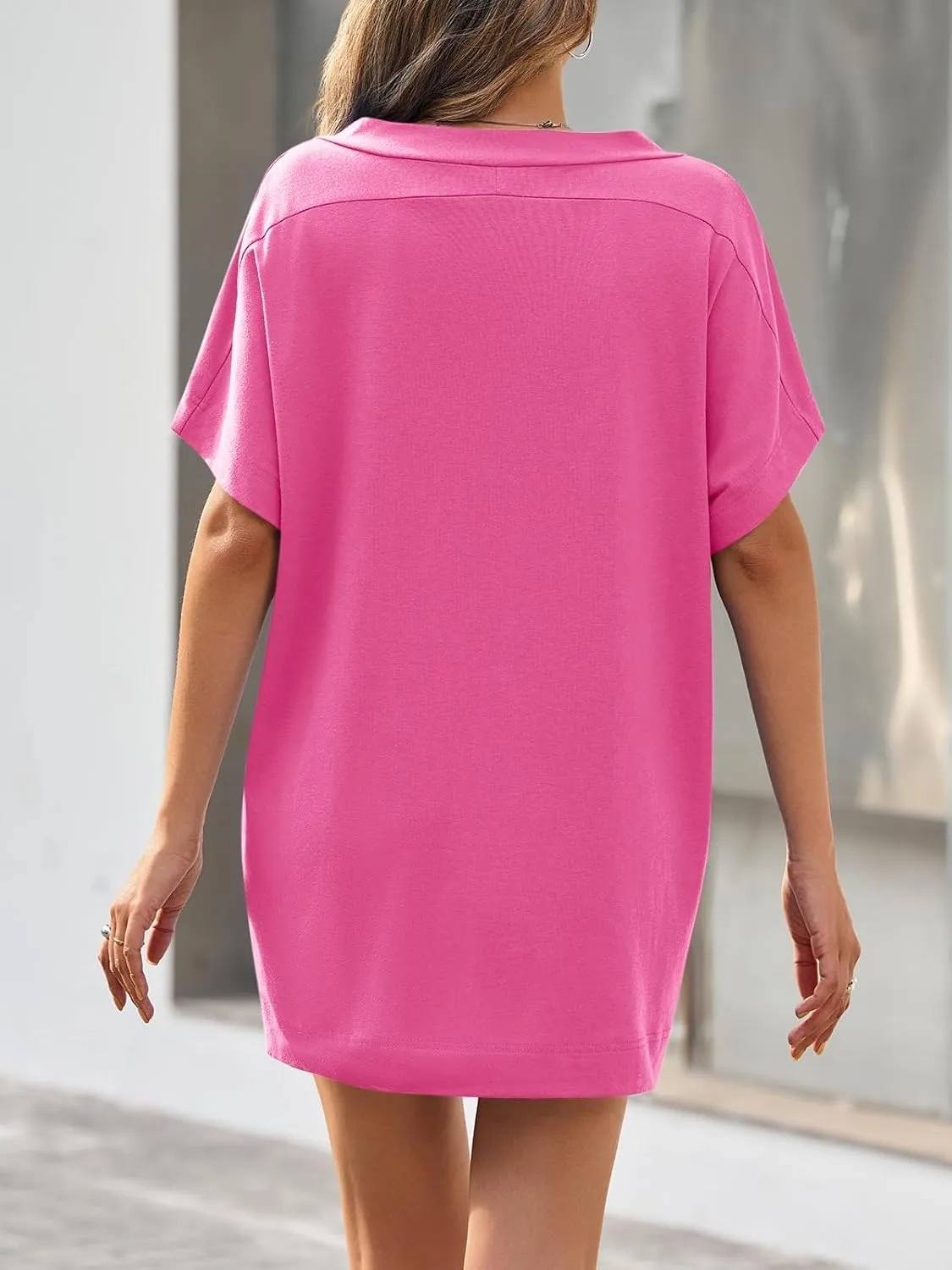 Fisoew Womens Swimsuit Coverup Beach Sexy Deep V Neck Short Sleeve Mini Tshirt Dress Summer Bathing Suit Cover Up