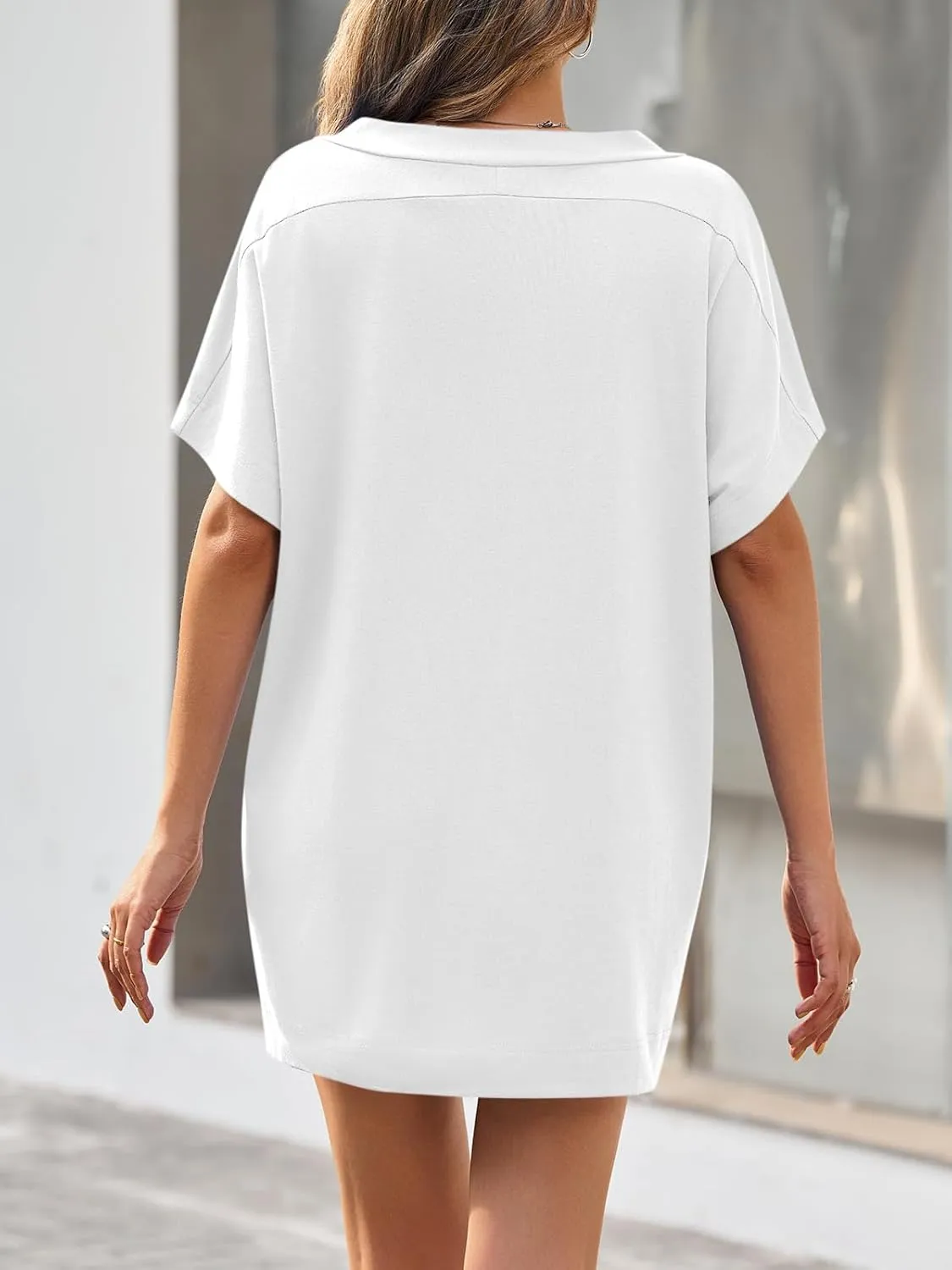 Fisoew Womens Swimsuit Coverup Beach Sexy Deep V Neck Short Sleeve Mini Tshirt Dress Summer Bathing Suit Cover Up