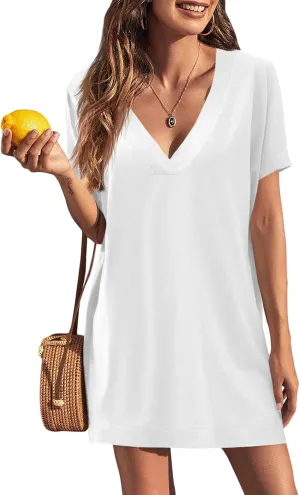 Fisoew Womens Swimsuit Coverup Beach Sexy Deep V Neck Short Sleeve Mini Tshirt Dress Summer Bathing Suit Cover Up