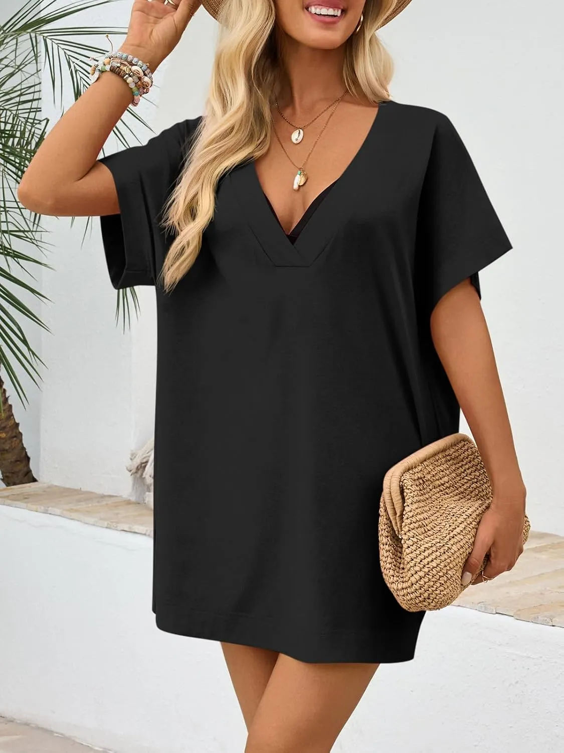 Fisoew Womens Swimsuit Coverup Beach Sexy Deep V Neck Short Sleeve Mini Tshirt Dress Summer Bathing Suit Cover Up