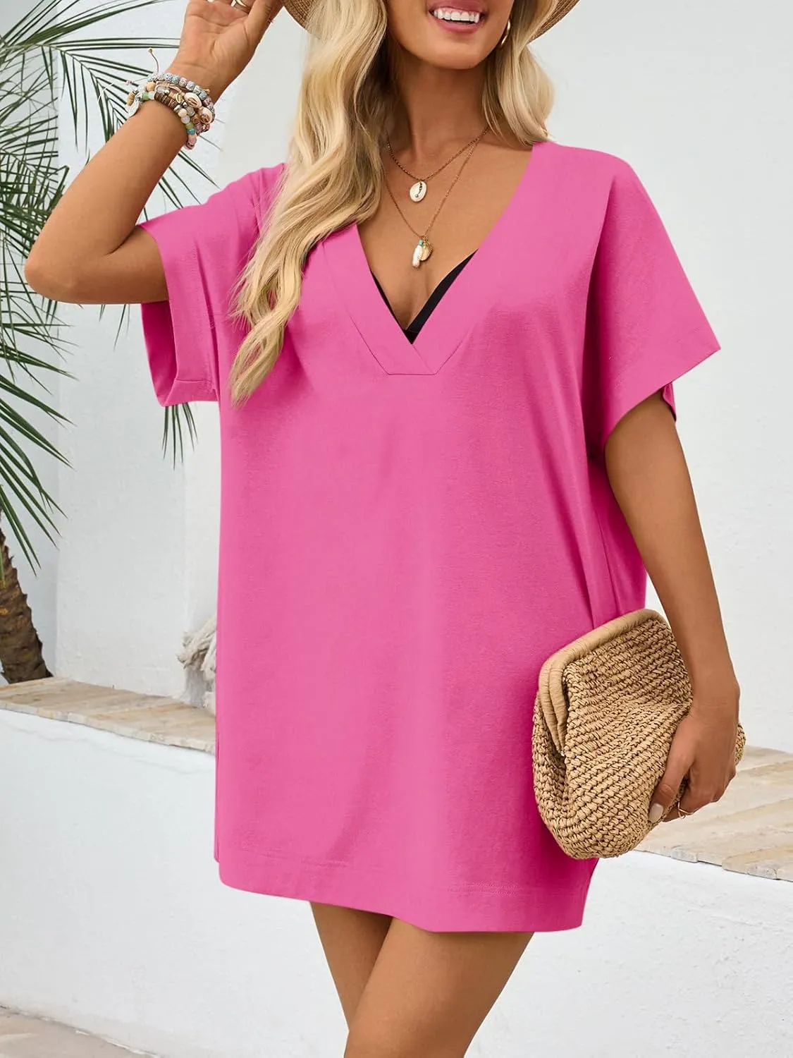 Fisoew Womens Swimsuit Coverup Beach Sexy Deep V Neck Short Sleeve Mini Tshirt Dress Summer Bathing Suit Cover Up