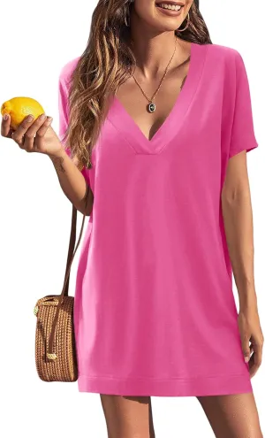 Fisoew Womens Swimsuit Coverup Beach Sexy Deep V Neck Short Sleeve Mini Tshirt Dress Summer Bathing Suit Cover Up