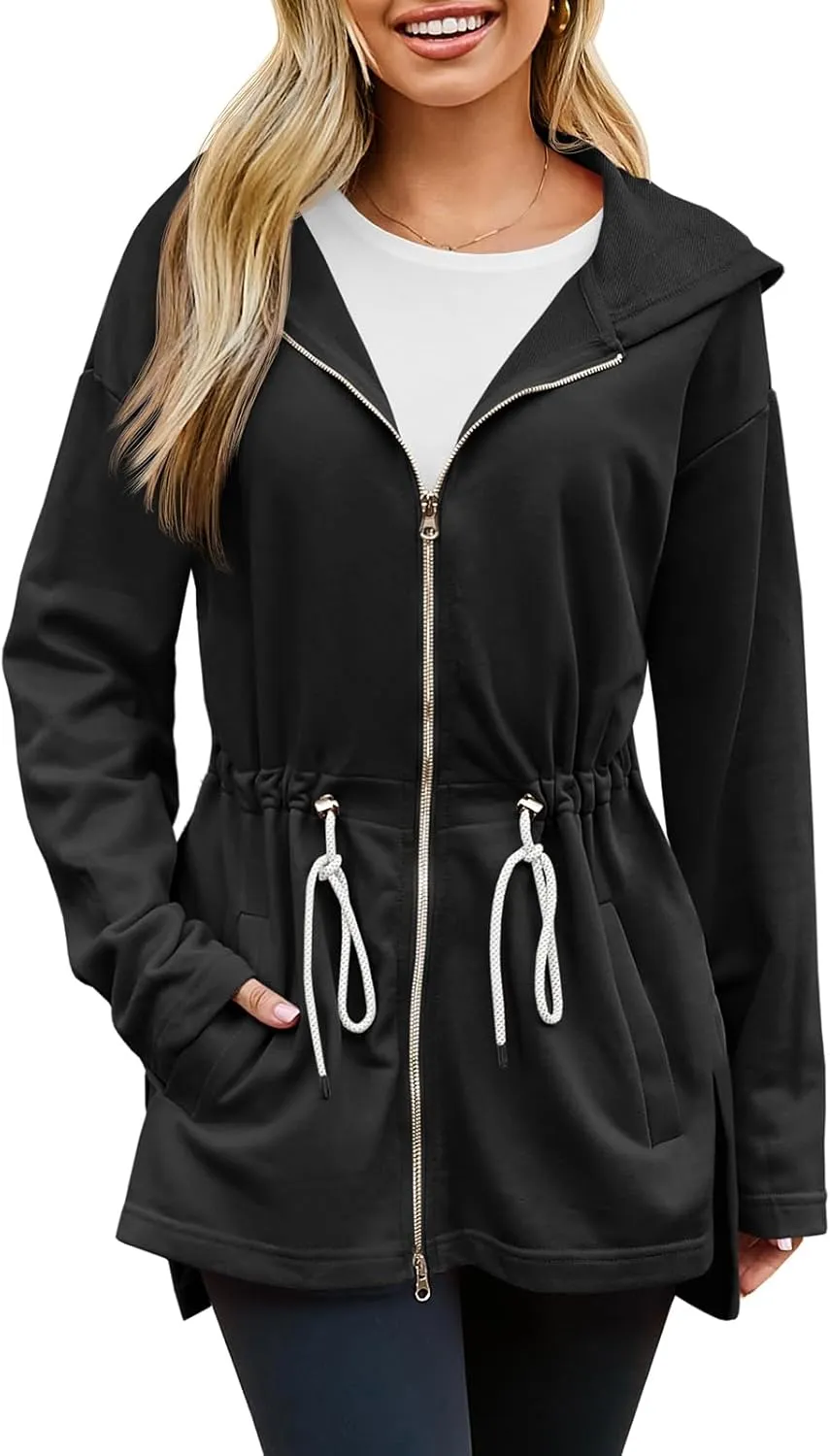 Fisoew Women's Zip Up Hoodie Sweatshirts Oversized Long Sleeve Casual Drawstring Waist Side Slit Tunic Tops