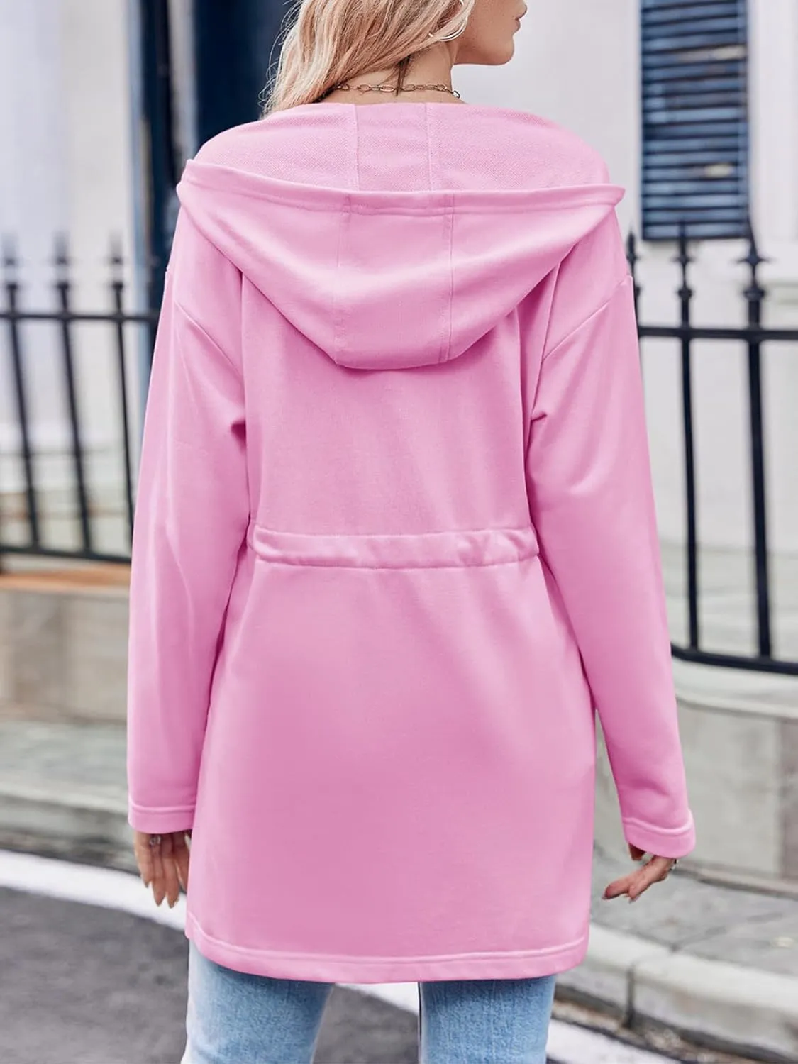 Fisoew Women's Zip Up Hoodie Sweatshirts Oversized Long Sleeve Casual Drawstring Waist Side Slit Tunic Tops