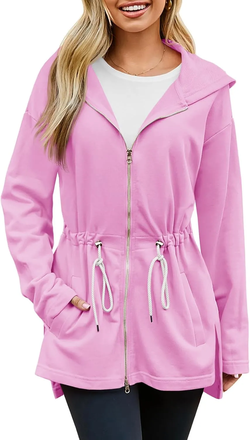 Fisoew Women's Zip Up Hoodie Sweatshirts Oversized Long Sleeve Casual Drawstring Waist Side Slit Tunic Tops