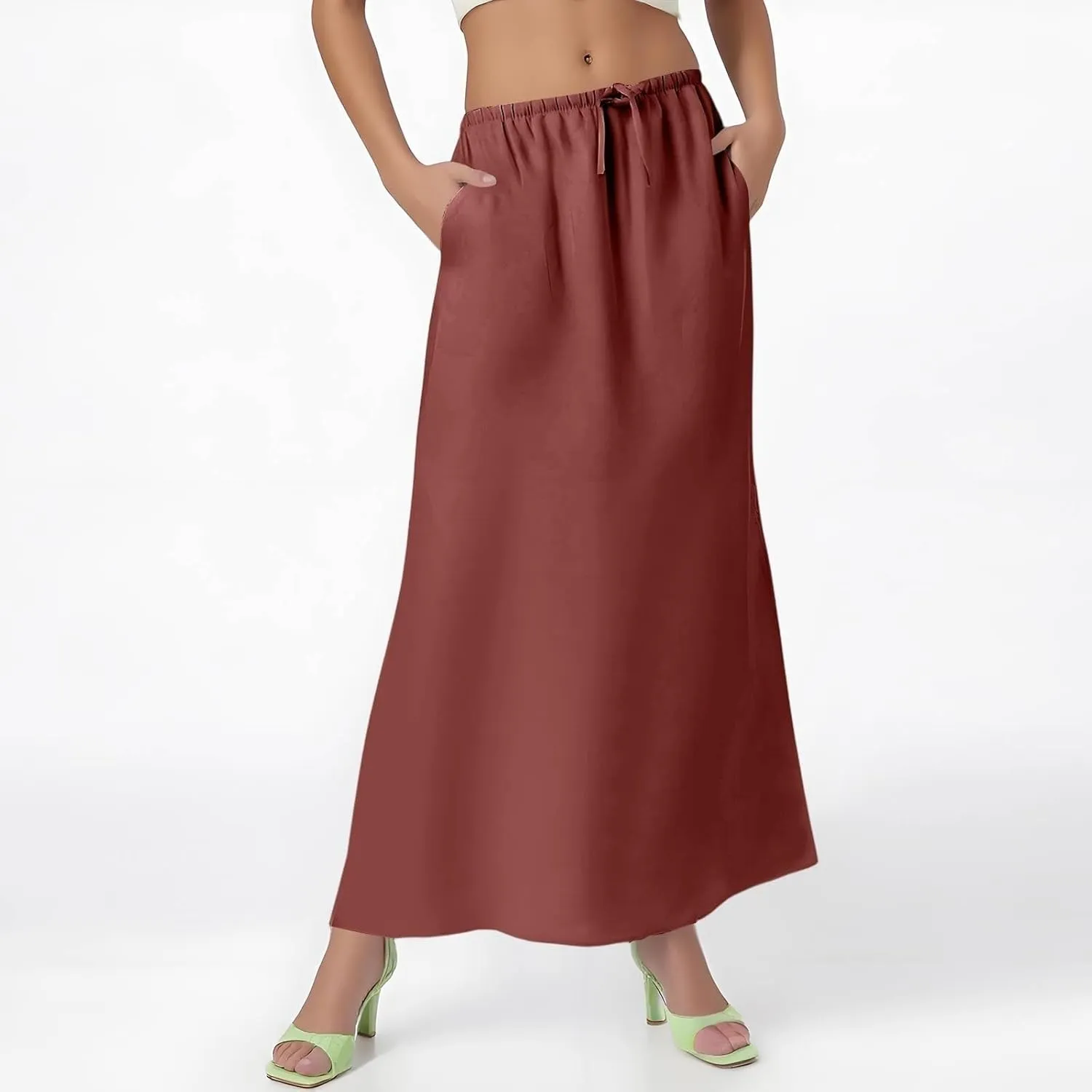 Flared Maxi Skirt for Women Summer Comfortable Drawstring High Waisted Skort Casual Solid Color A Line Beach Skirts