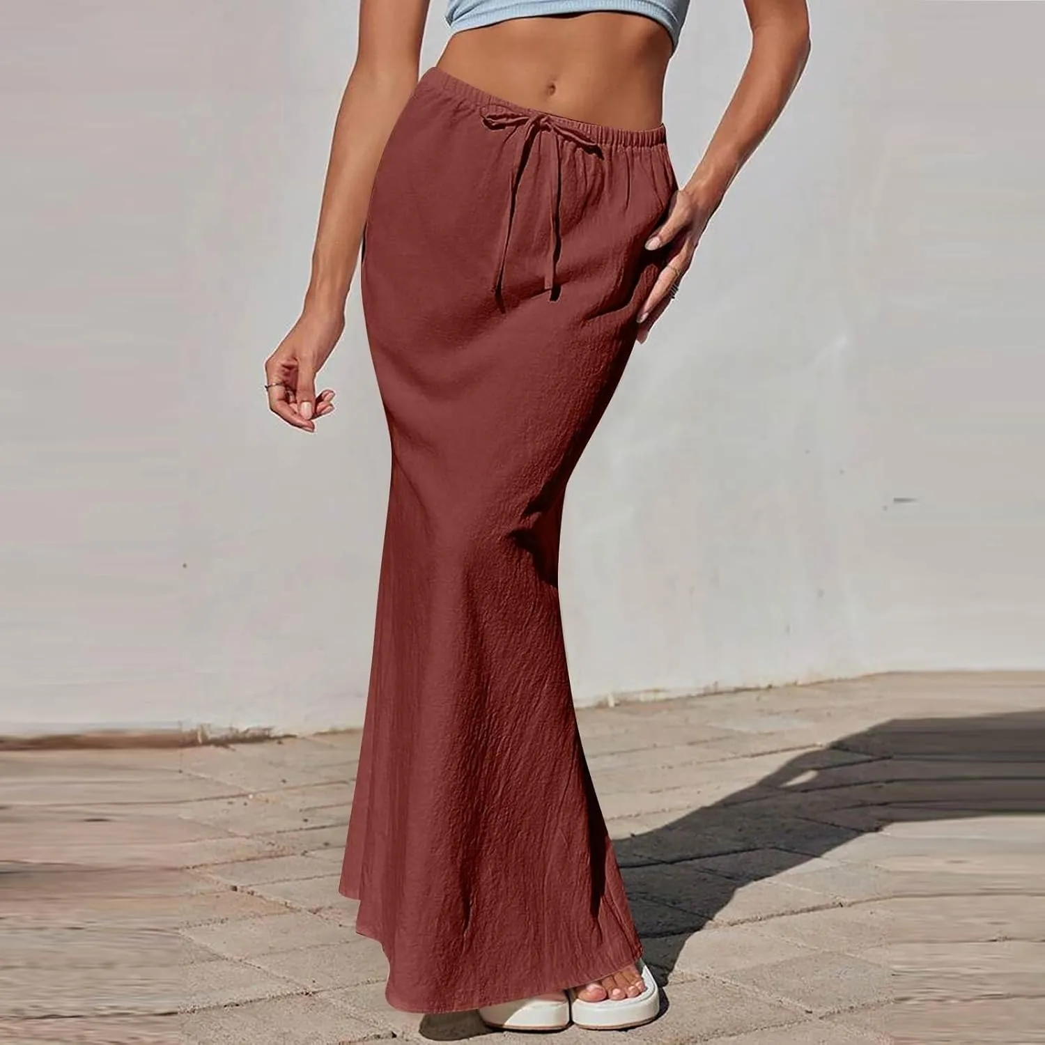 Flared Maxi Skirt for Women Summer Comfortable Drawstring High Waisted Skort Casual Solid Color A Line Beach Skirts