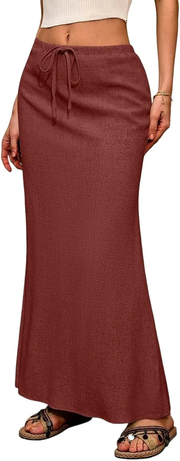 Flared Maxi Skirt for Women Summer Comfortable Drawstring High Waisted Skort Casual Solid Color A Line Beach Skirts