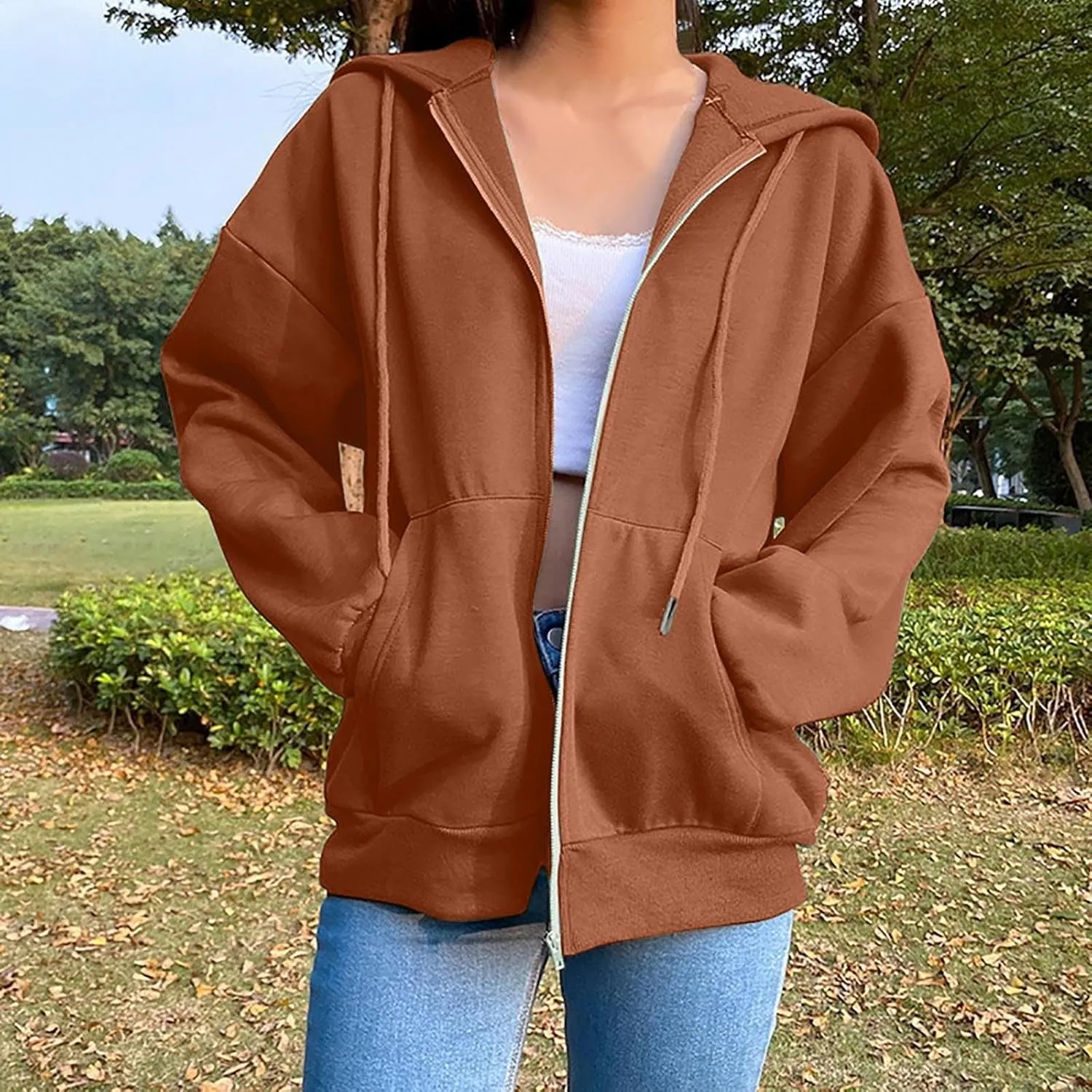 Fleece Hoodies for Women Solid Color Long Sleeve Drawstring Hooded Zip Up Thick Warm Coats Trendy Open Front Jackets