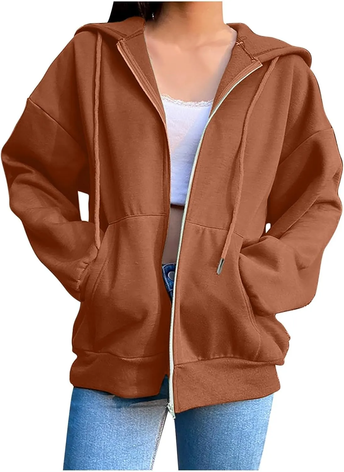 Fleece Hoodies for Women Solid Color Long Sleeve Drawstring Hooded Zip Up Thick Warm Coats Trendy Open Front Jackets