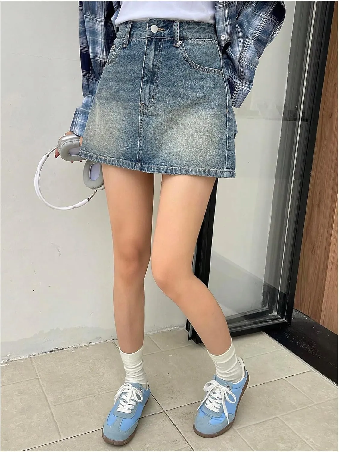 Floerns Women's High Waisted Mini Denim Skirt Casual A Line Jean Skirts with Pocket