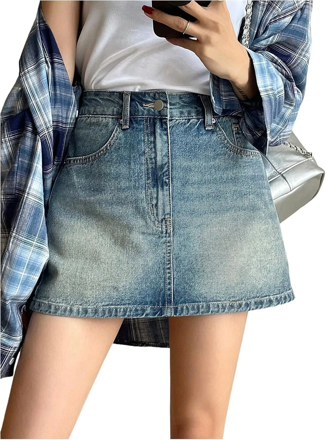 Floerns Women's High Waisted Mini Denim Skirt Casual A Line Jean Skirts with Pocket