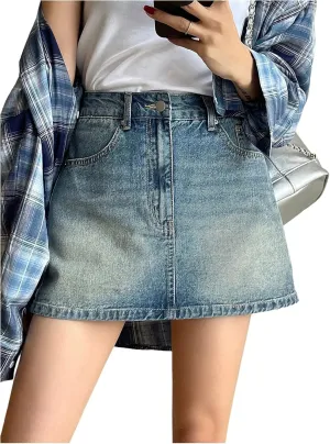 Floerns Women's High Waisted Mini Denim Skirt Casual A Line Jean Skirts with Pocket