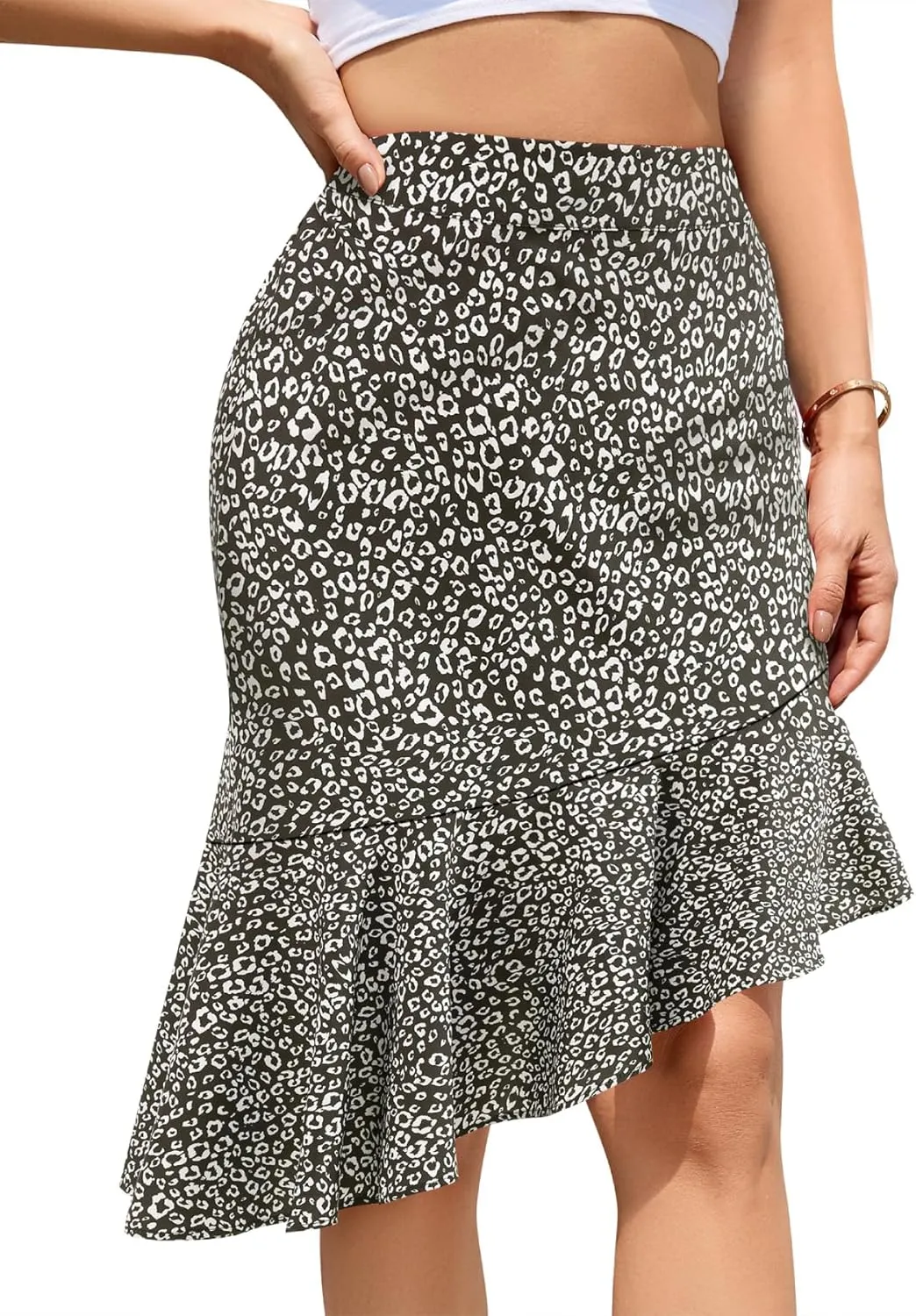 Floral Midi Skirt for Women Boho Flowy Ruffle Elastic High Waist Summer Skirts Casual Asymmetric Hem Skirt